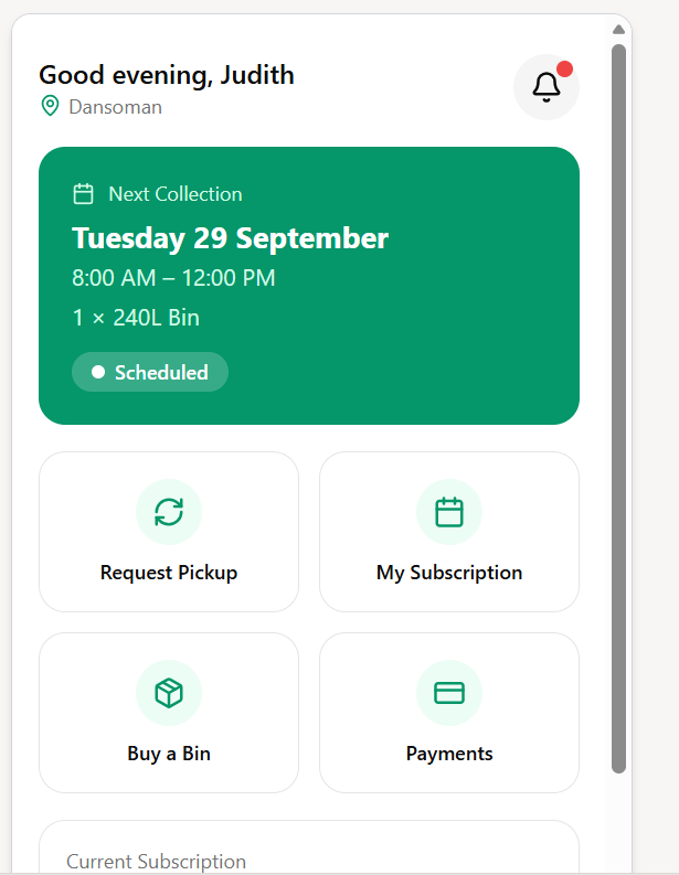 Ruru app concept — home screen with next collection schedule